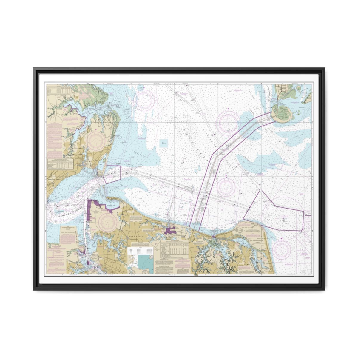 Chart 12222 Chesapeake Bay Cape Charles to Norfolk Harbor - NOAA Nautical Chart Floating Frame Canvas | 32" x 24" | 40" x 30" - Black front