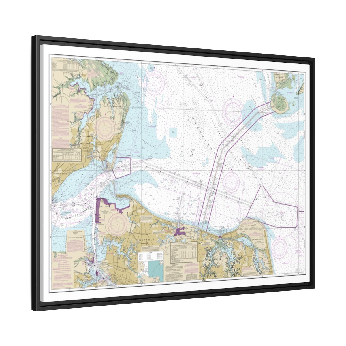 Chart 12222 Chesapeake Bay Cape Charles to Norfolk Harbor - NOAA Nautical Chart Floating Frame Canvas | 32" x 24" | 40" x 30" - Black side