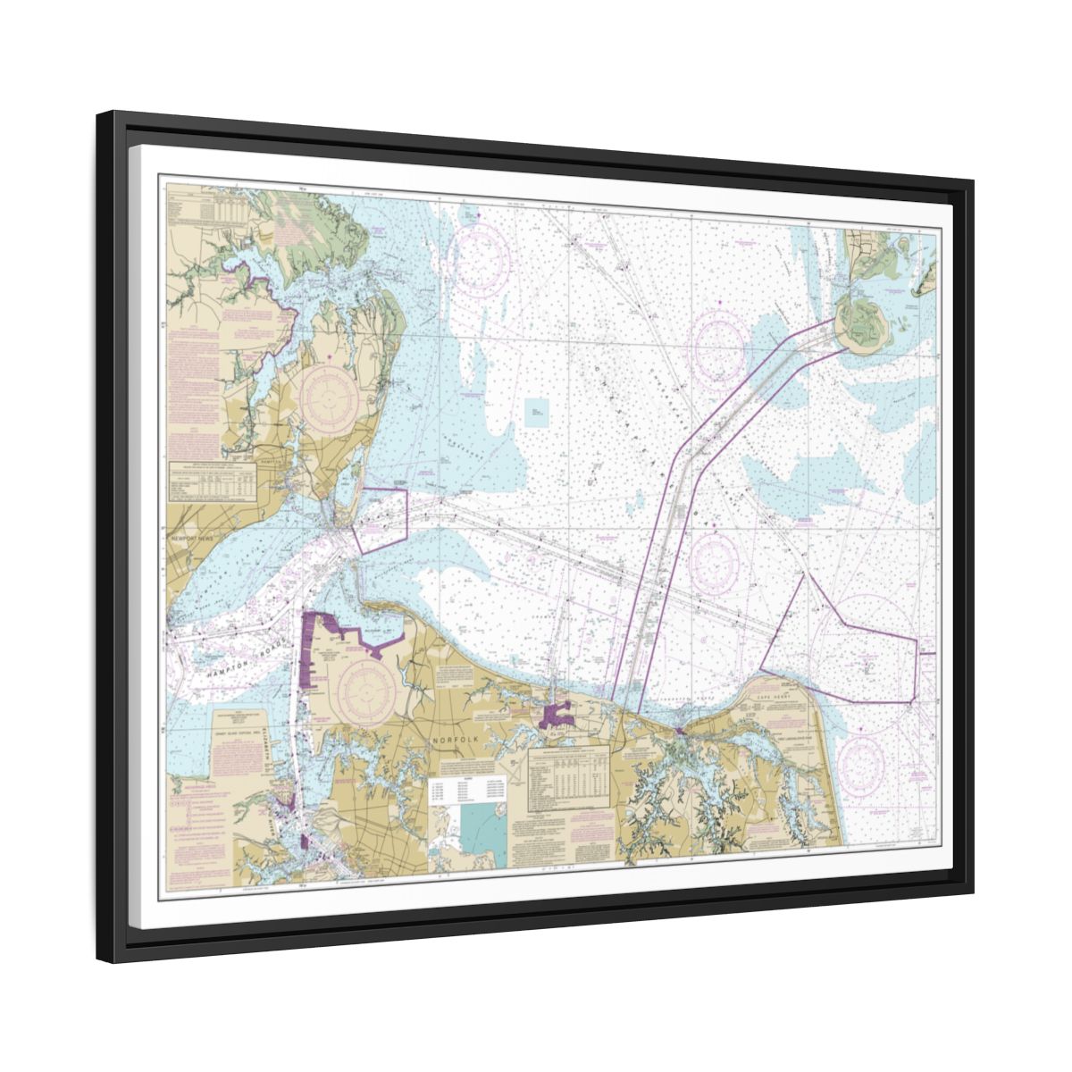 Chart 12222 Chesapeake Bay Cape Charles to Norfolk Harbor - NOAA Nautical Chart Floating Frame Canvas | 32" x 24" | 40" x 30" - Black side