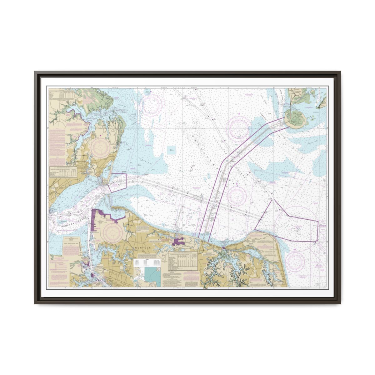Chart 12222 Chesapeake Bay Cape Charles to Norfolk Harbor - NOAA Nautical Chart Floating Frame Canvas | 32" x 24" | 40" x 30" - Espresso front