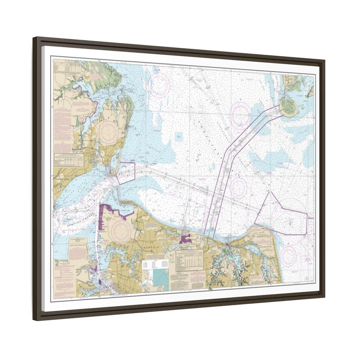 Chart 12222 Chesapeake Bay Cape Charles to Norfolk Harbor - NOAA Nautical Chart Floating Frame Canvas | 32" x 24" | 40" x 30" - Espresso side