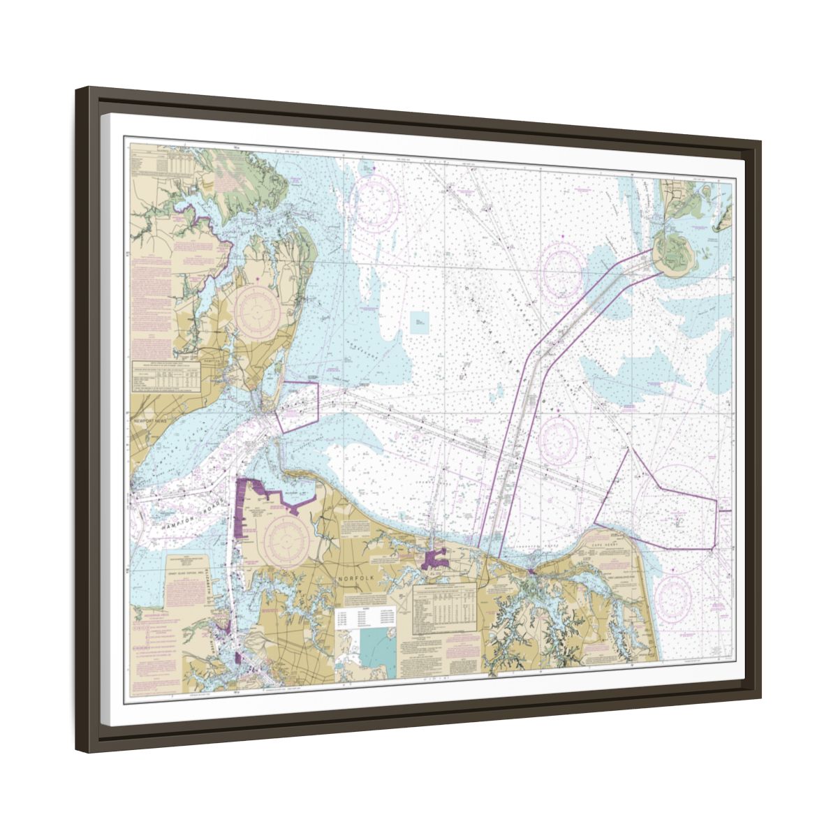 Chart 12222 Chesapeake Bay Cape Charles to Norfolk Harbor - NOAA Nautical Chart Floating Frame Canvas | 32" x 24" | 40" x 30" - Espresso side