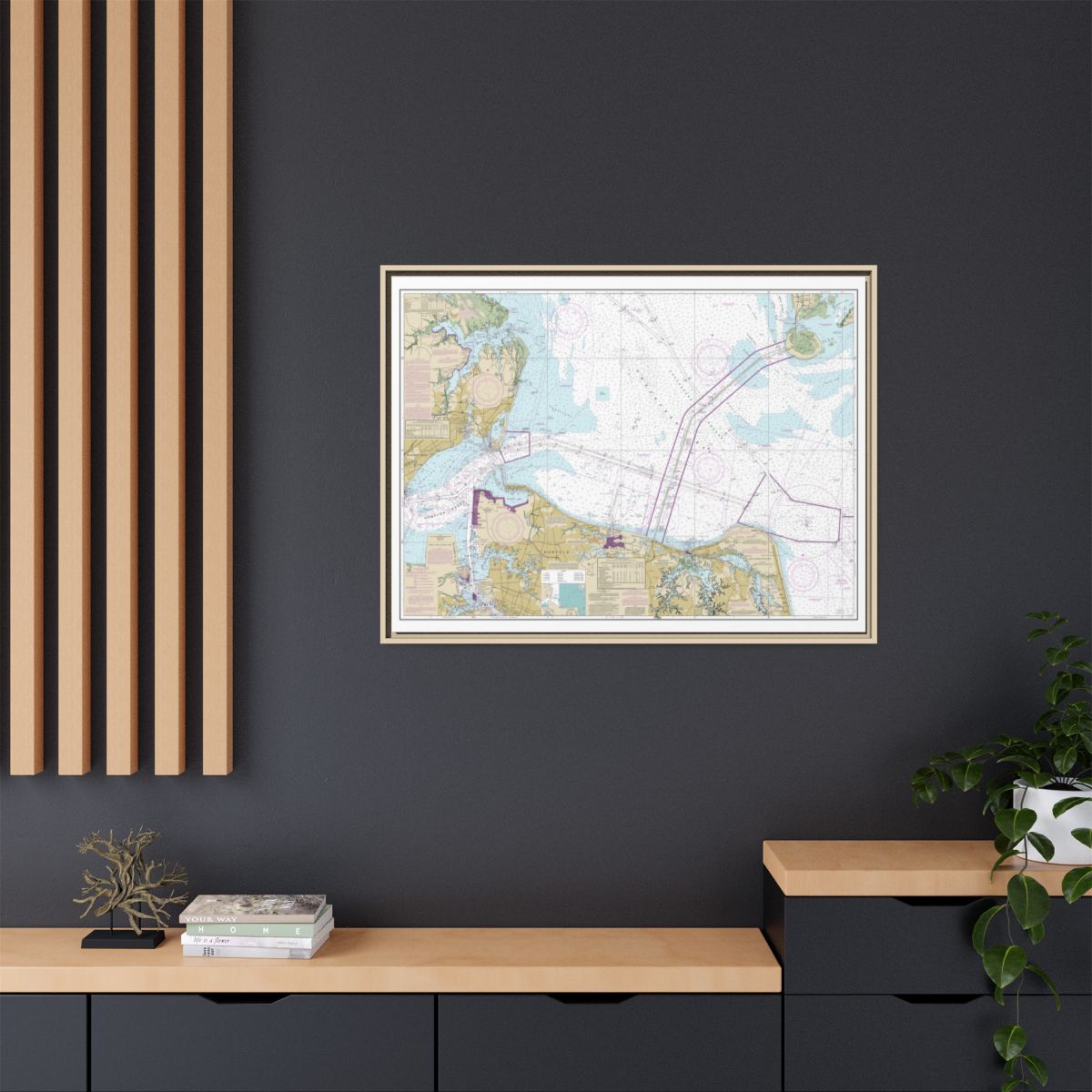 Chart 12222 Chesapeake Bay Cape Charles to Norfolk Harbor - NOAA Nautical Chart Floating Frame Canvas | 32" x 24" | 40" x 30" - Natural context-2