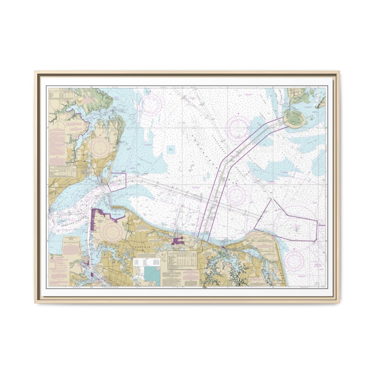 Chart 12222 Chesapeake Bay Cape Charles to Norfolk Harbor - NOAA Nautical Chart Floating Frame Canvas | 32" x 24" | 40" x 30" - Natural front
