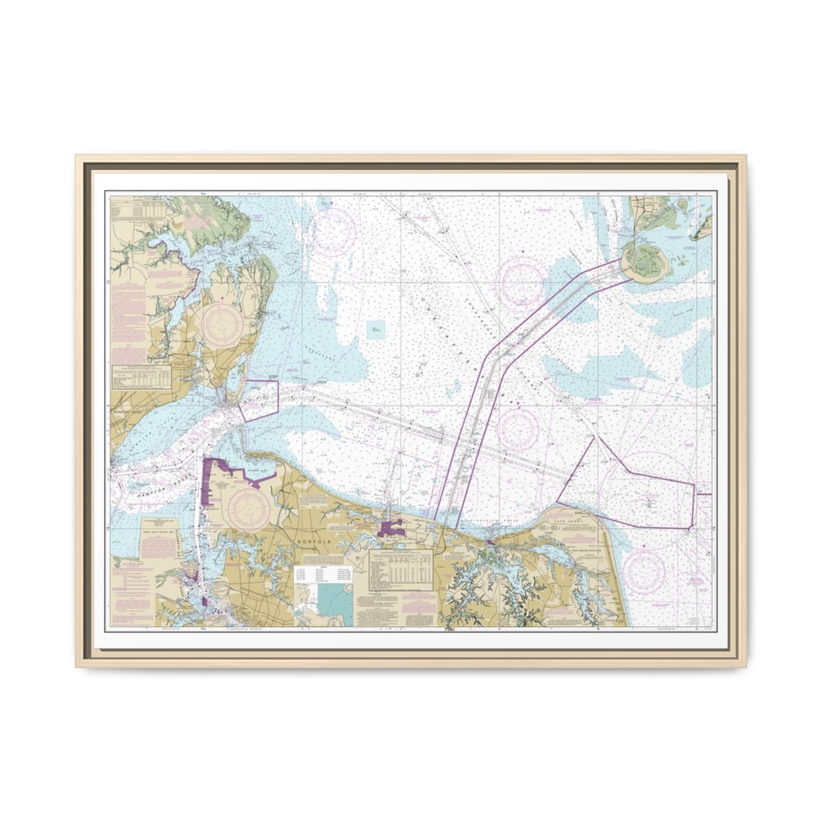 Chart 12222 Chesapeake Bay Cape Charles to Norfolk Harbor - NOAA Nautical Chart Floating Frame Canvas | 32" x 24" | 40" x 30" - Natural front
