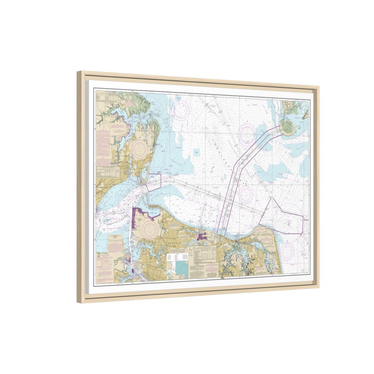 Chart 12222 Chesapeake Bay Cape Charles to Norfolk Harbor - NOAA Nautical Chart Floating Frame Canvas | 32" x 24" | 40" x 30" - Natural side