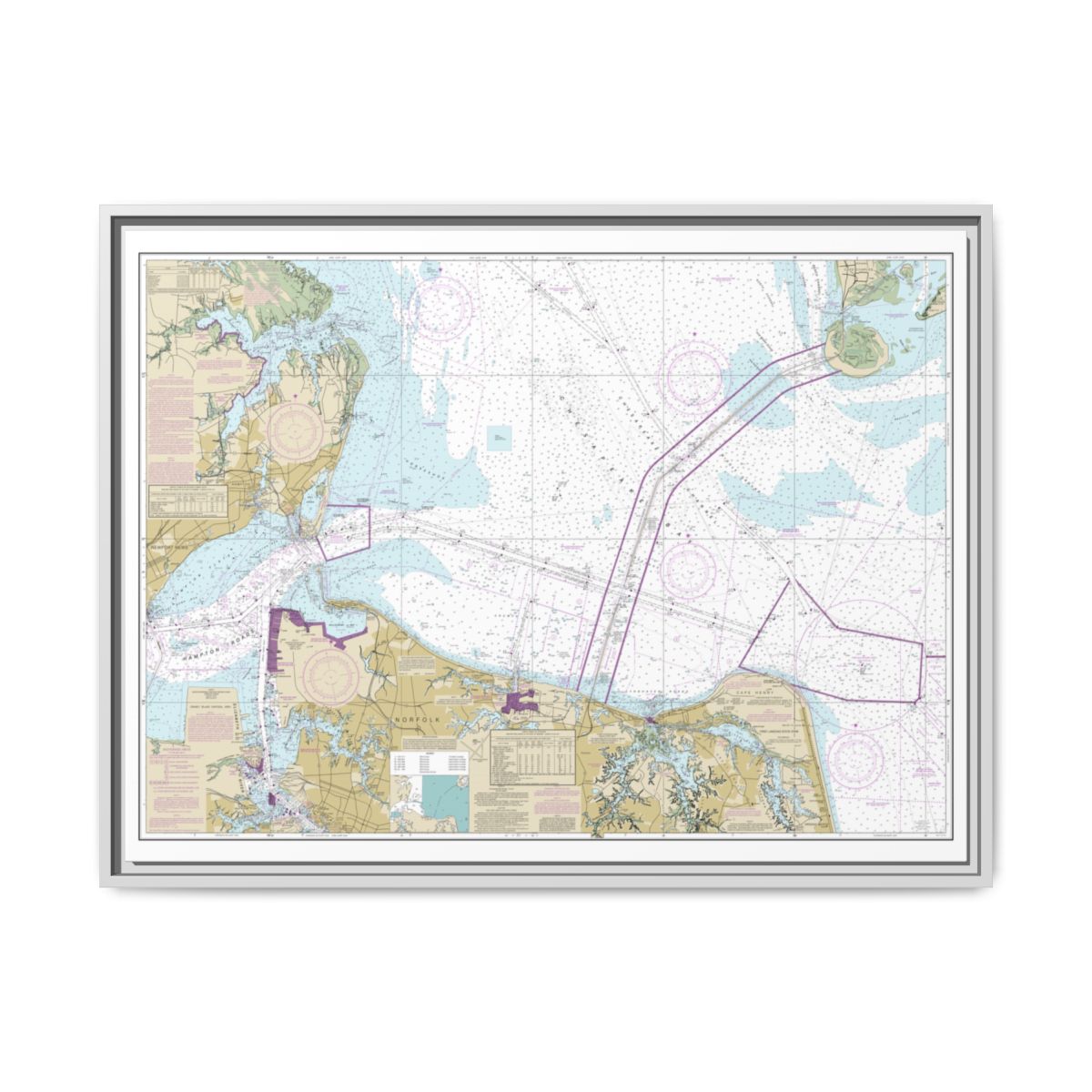Chart 12222 Chesapeake Bay Cape Charles to Norfolk Harbor - NOAA Nautical Chart Floating Frame Canvas | 32" x 24" | 40" x 30" - White front