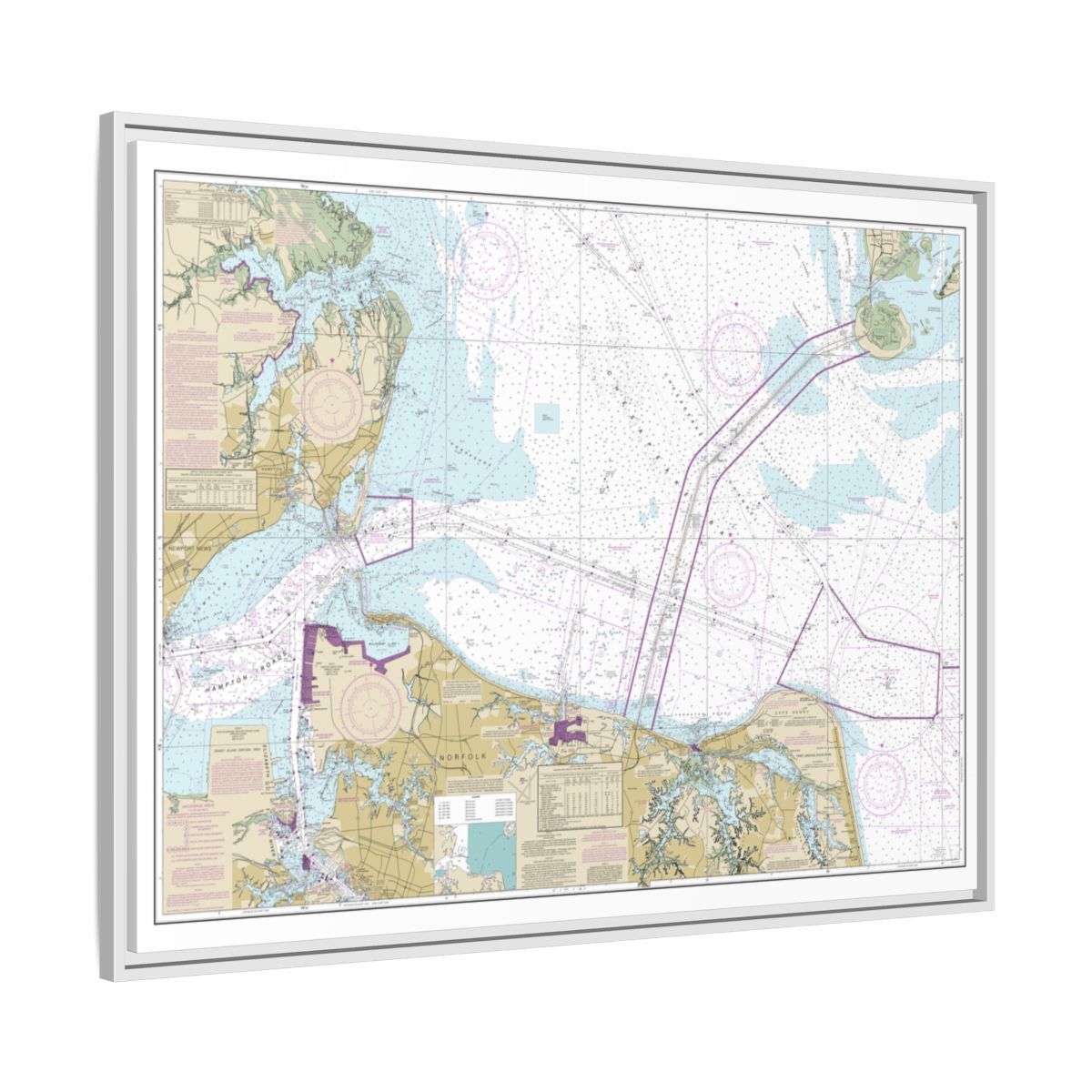 Chart 12222 Chesapeake Bay Cape Charles to Norfolk Harbor - NOAA Nautical Chart Floating Frame Canvas | 32" x 24" | 40" x 30" - White side