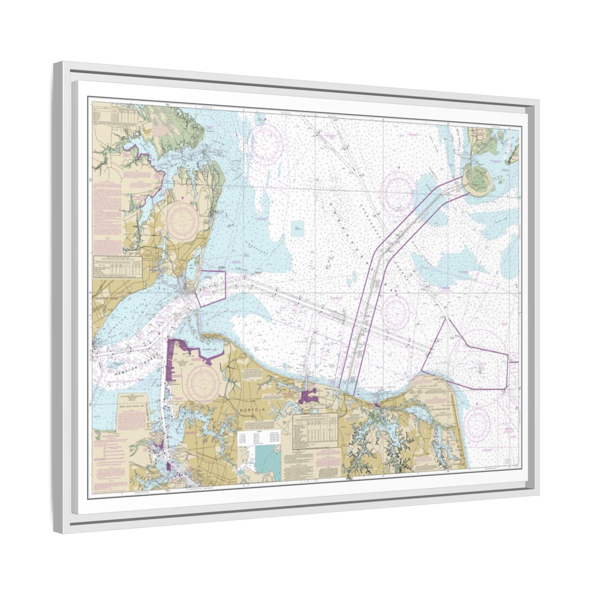 Chart 12222 Chesapeake Bay Cape Charles to Norfolk Harbor - NOAA Nautical Chart Floating Frame Canvas | 32" x 24" | 40" x 30" - White side