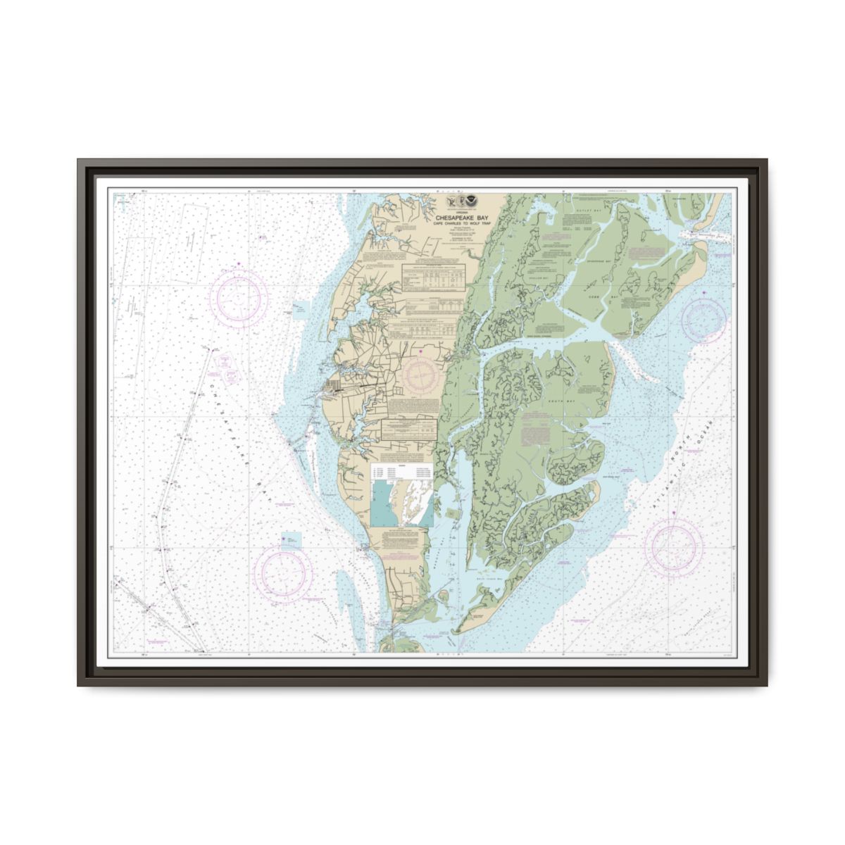 Chart 12224 Chesapeake Bay Cape Charles to Wolf Trap - NOAA Nautical Chart Floating Frame Canvas | 32" x 24" | 40" x 30" - Espresso front