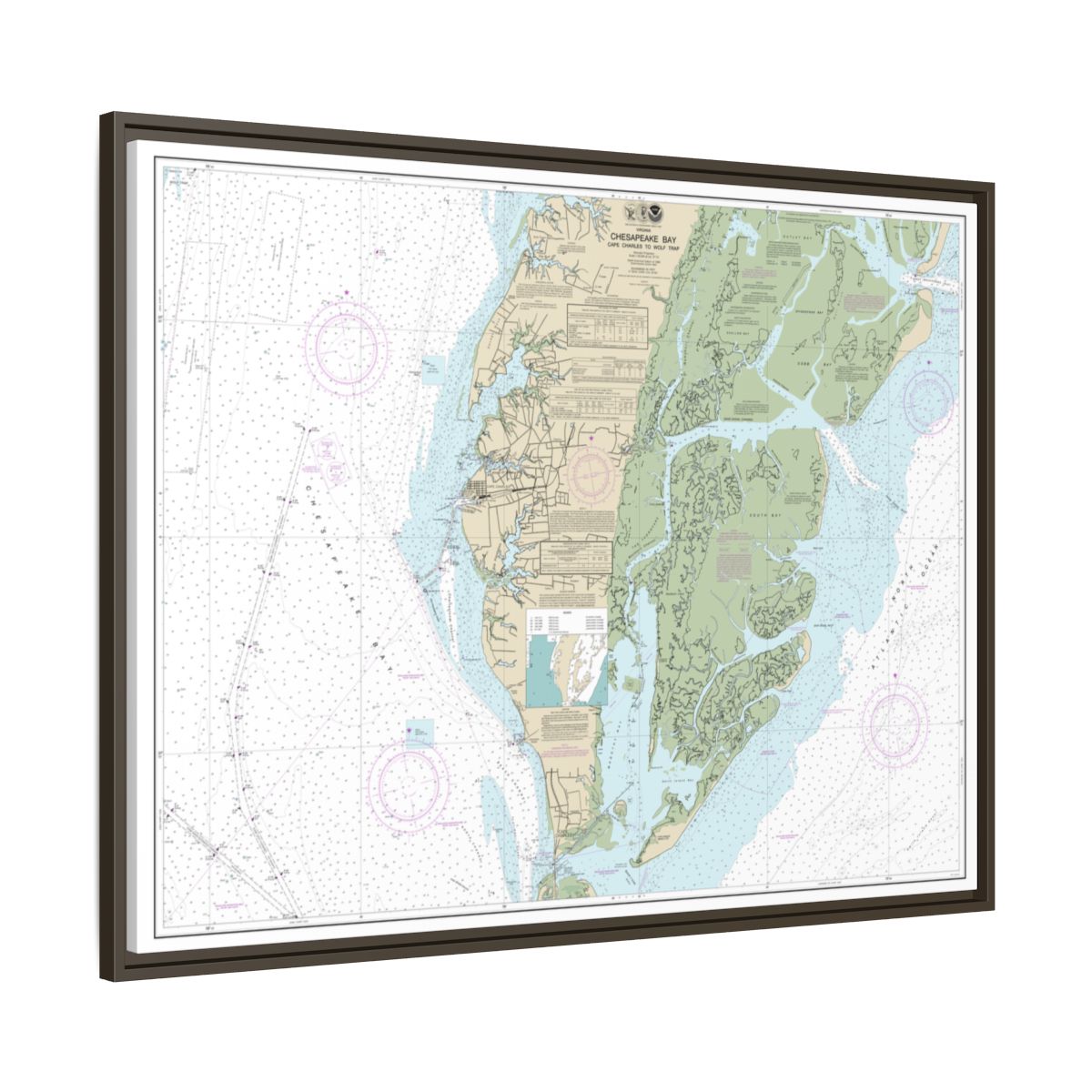 Chart 12224 Chesapeake Bay Cape Charles to Wolf Trap - NOAA Nautical Chart Floating Frame Canvas | 32" x 24" | 40" x 30" - Espresso side