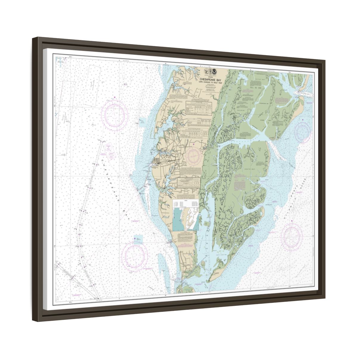 Chart 12224 Chesapeake Bay Cape Charles to Wolf Trap - NOAA Nautical Chart Floating Frame Canvas | 32" x 24" | 40" x 30" - Espresso side