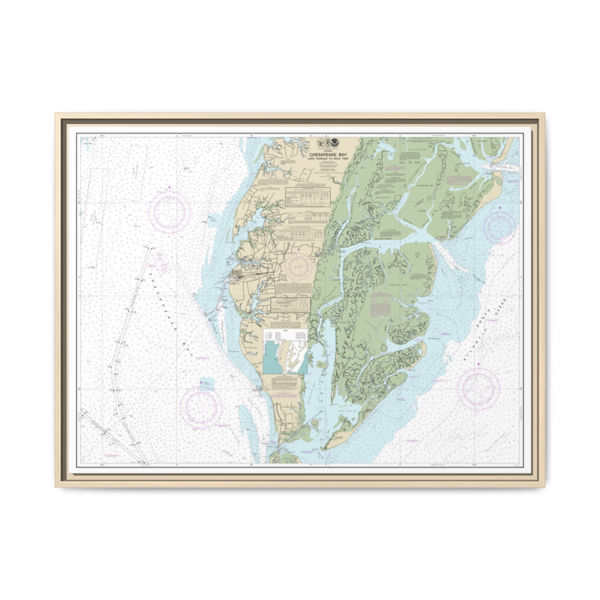 Chart 12224 Chesapeake Bay Cape Charles to Wolf Trap - NOAA Nautical Chart Floating Frame Canvas | 32" x 24" | 40" x 30" - Natural front