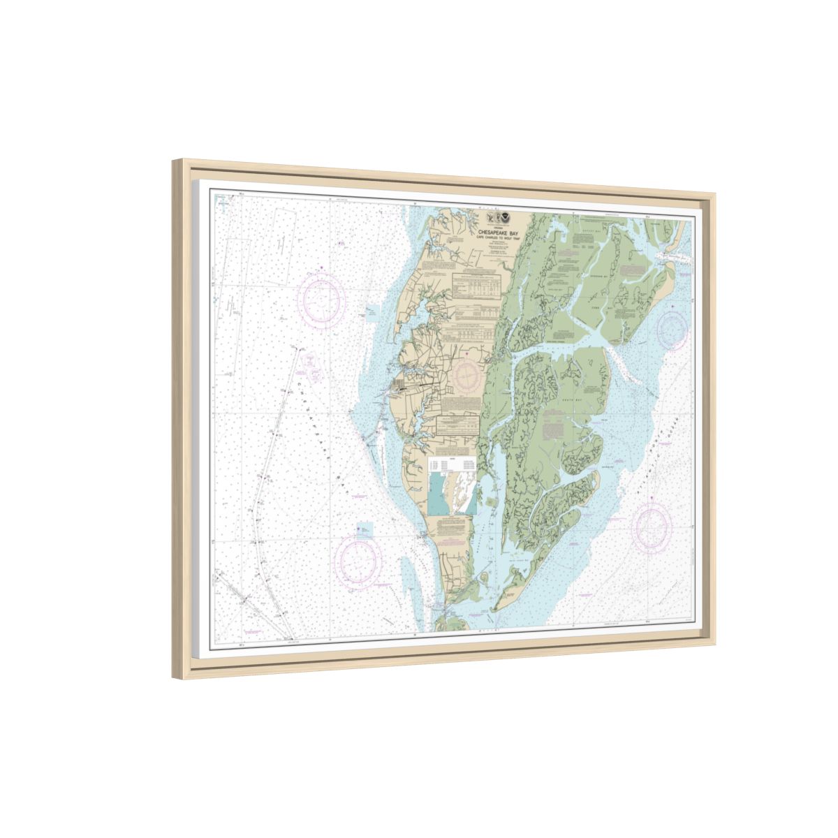 Chart 12224 Chesapeake Bay Cape Charles to Wolf Trap - NOAA Nautical Chart Floating Frame Canvas | 32" x 24" | 40" x 30" - Natural side