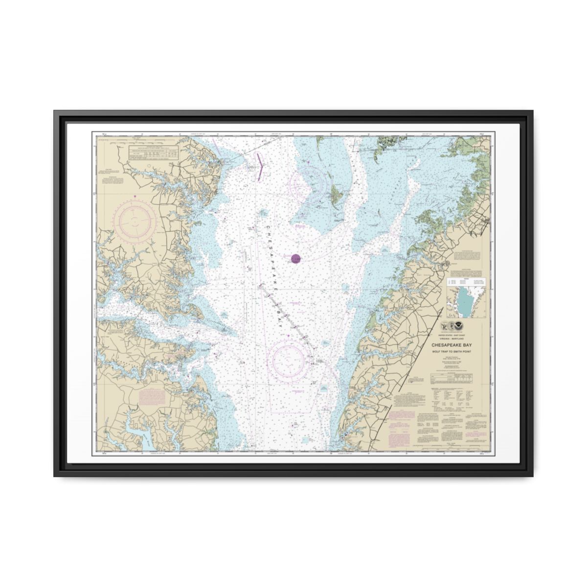 Chart 12225 Chesapeake Bay Wolf Trap to Smith Point - NOAA Nautical Chart Floating Frame Canvas | 32" x 24" | 40" x 30" - Black front