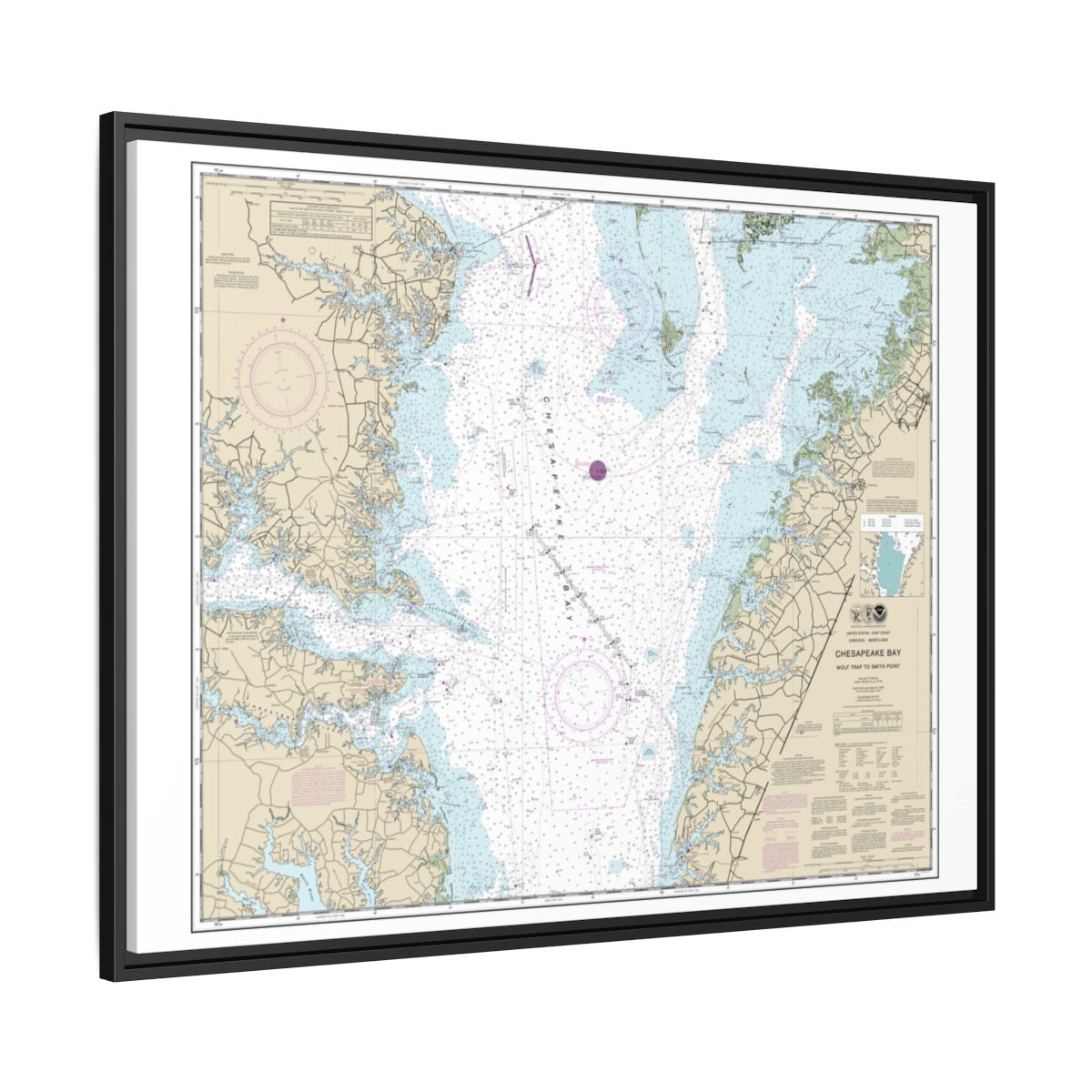 Chart 12225 Chesapeake Bay Wolf Trap to Smith Point - NOAA Nautical Chart Floating Frame Canvas | 32" x 24" | 40" x 30" - Black side