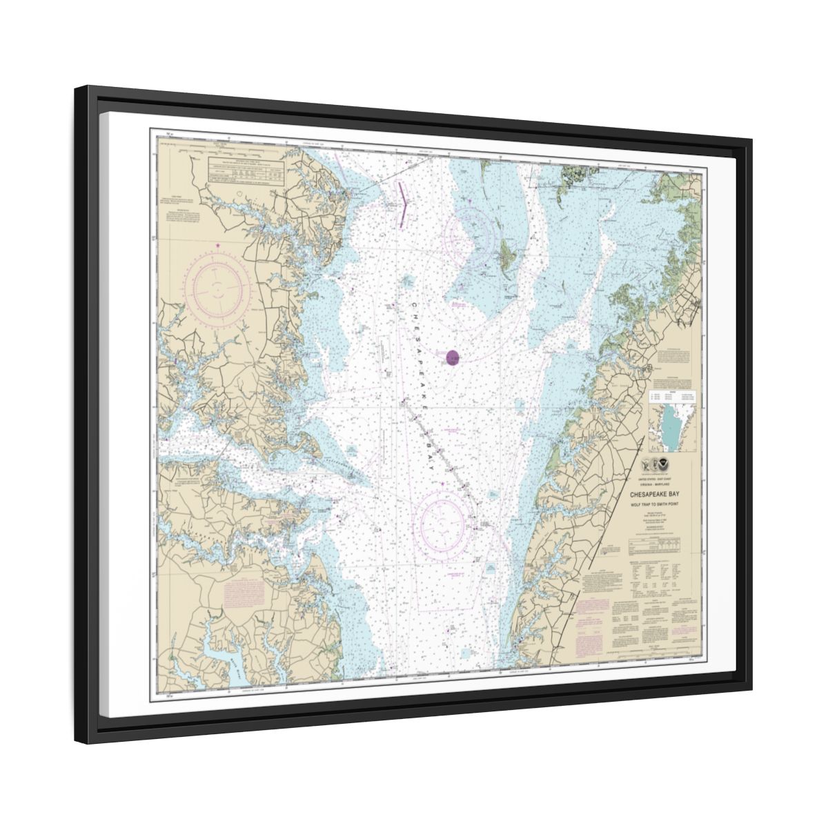 Chart 12225 Chesapeake Bay Wolf Trap to Smith Point - NOAA Nautical Chart Floating Frame Canvas | 32" x 24" | 40" x 30" - Black side