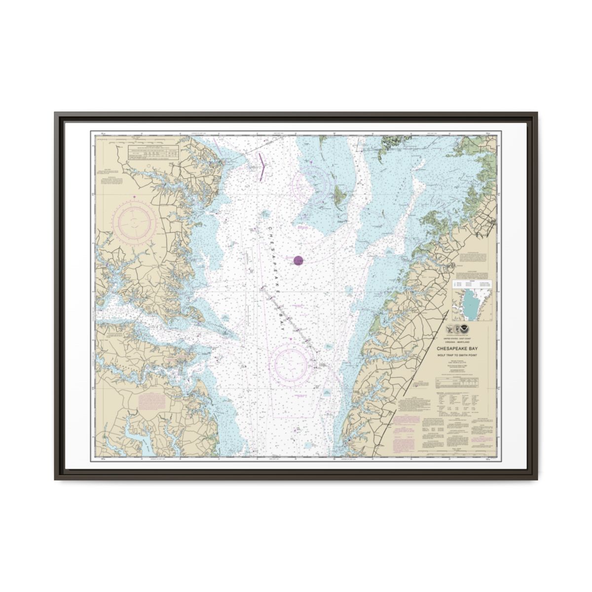 Chart 12225 Chesapeake Bay Wolf Trap to Smith Point - NOAA Nautical Chart Floating Frame Canvas | 32" x 24" | 40" x 30" - Espresso front