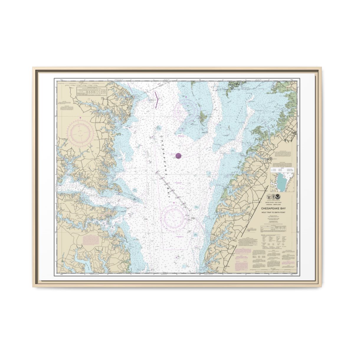 Chart 12225 Chesapeake Bay Wolf Trap to Smith Point - NOAA Nautical Chart Floating Frame Canvas | 32" x 24" | 40" x 30" - Natural front