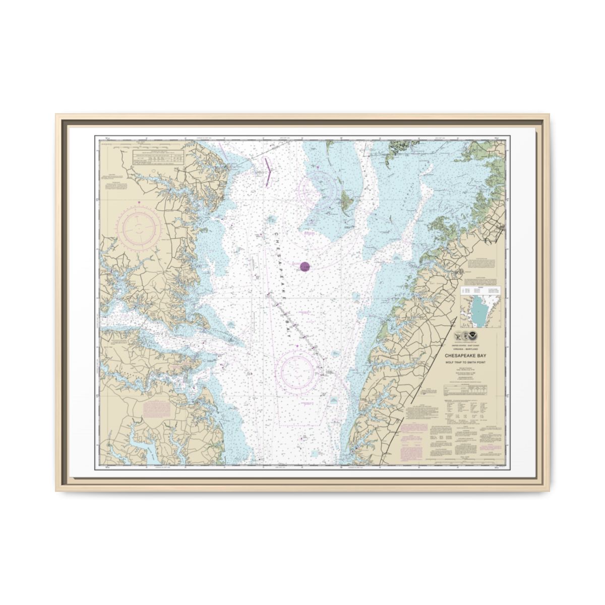 Chart 12225 Chesapeake Bay Wolf Trap to Smith Point - NOAA Nautical Chart Floating Frame Canvas | 32" x 24" | 40" x 30" - Natural front