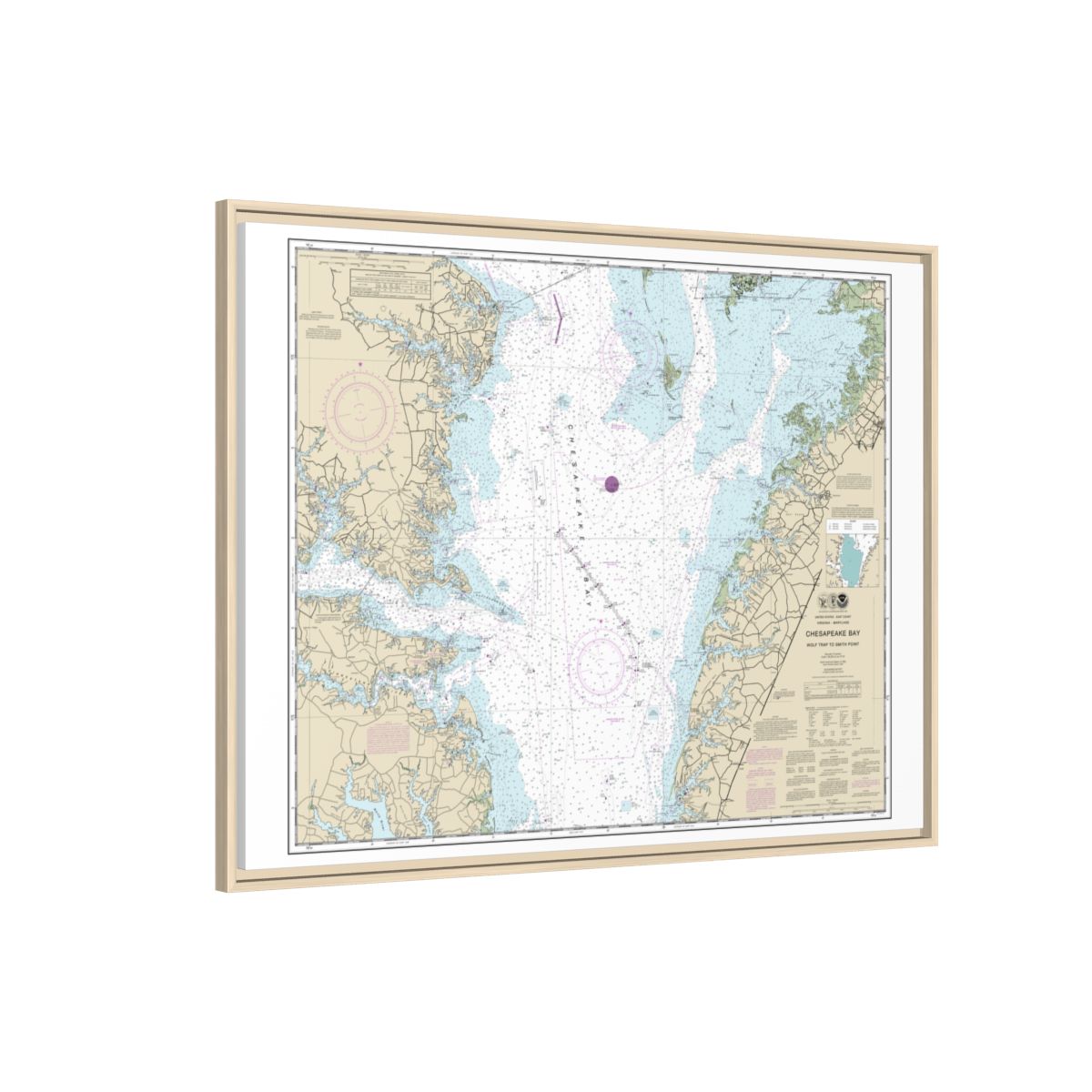 Chart 12225 Chesapeake Bay Wolf Trap to Smith Point - NOAA Nautical Chart Floating Frame Canvas | 32" x 24" | 40" x 30" - Natural side