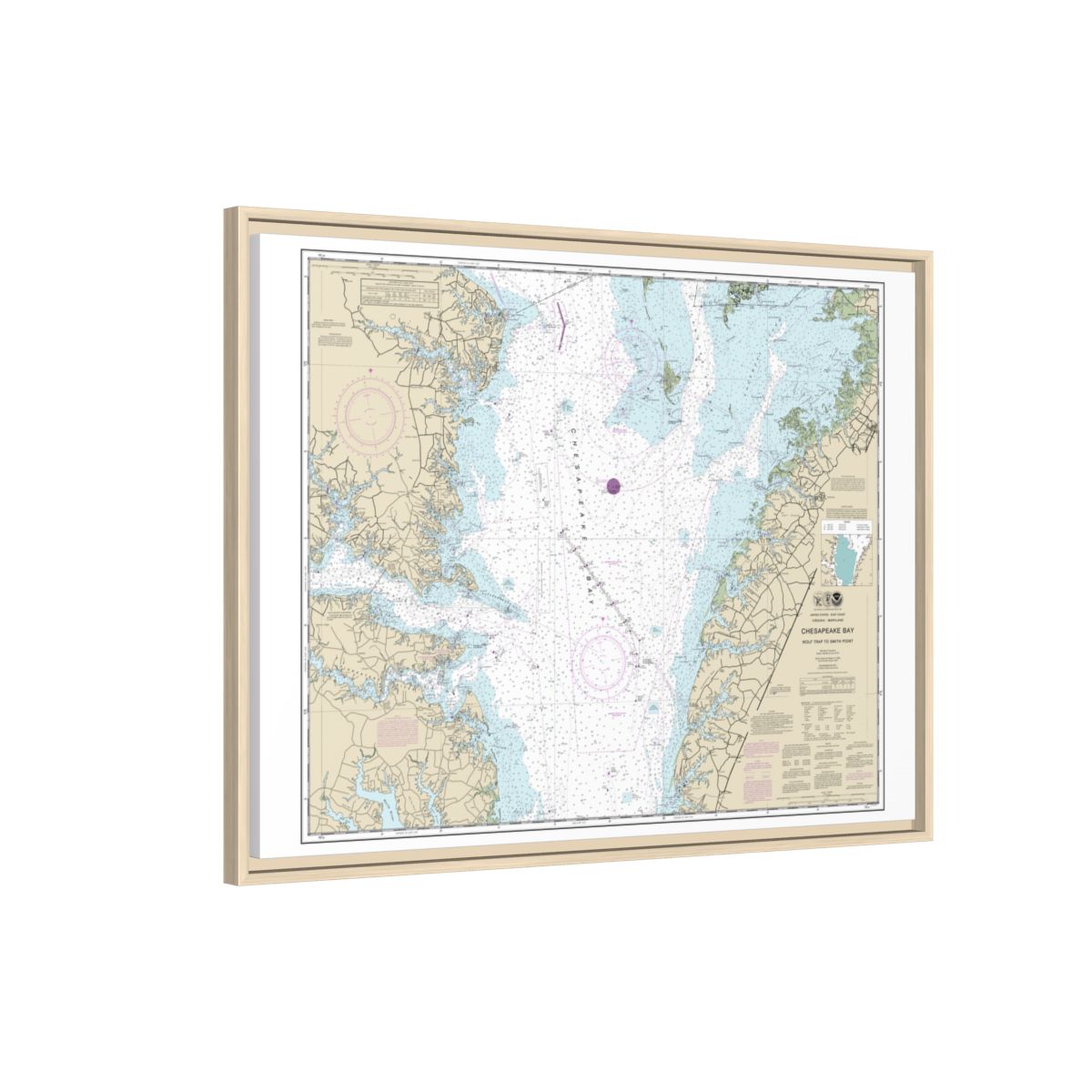 Chart 12225 Chesapeake Bay Wolf Trap to Smith Point - NOAA Nautical Chart Floating Frame Canvas | 32" x 24" | 40" x 30" - Natural side