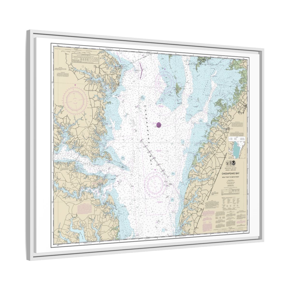 Chart 12225 Chesapeake Bay Wolf Trap to Smith Point - NOAA Nautical Chart Floating Frame Canvas | 32" x 24" | 40" x 30" - White side
