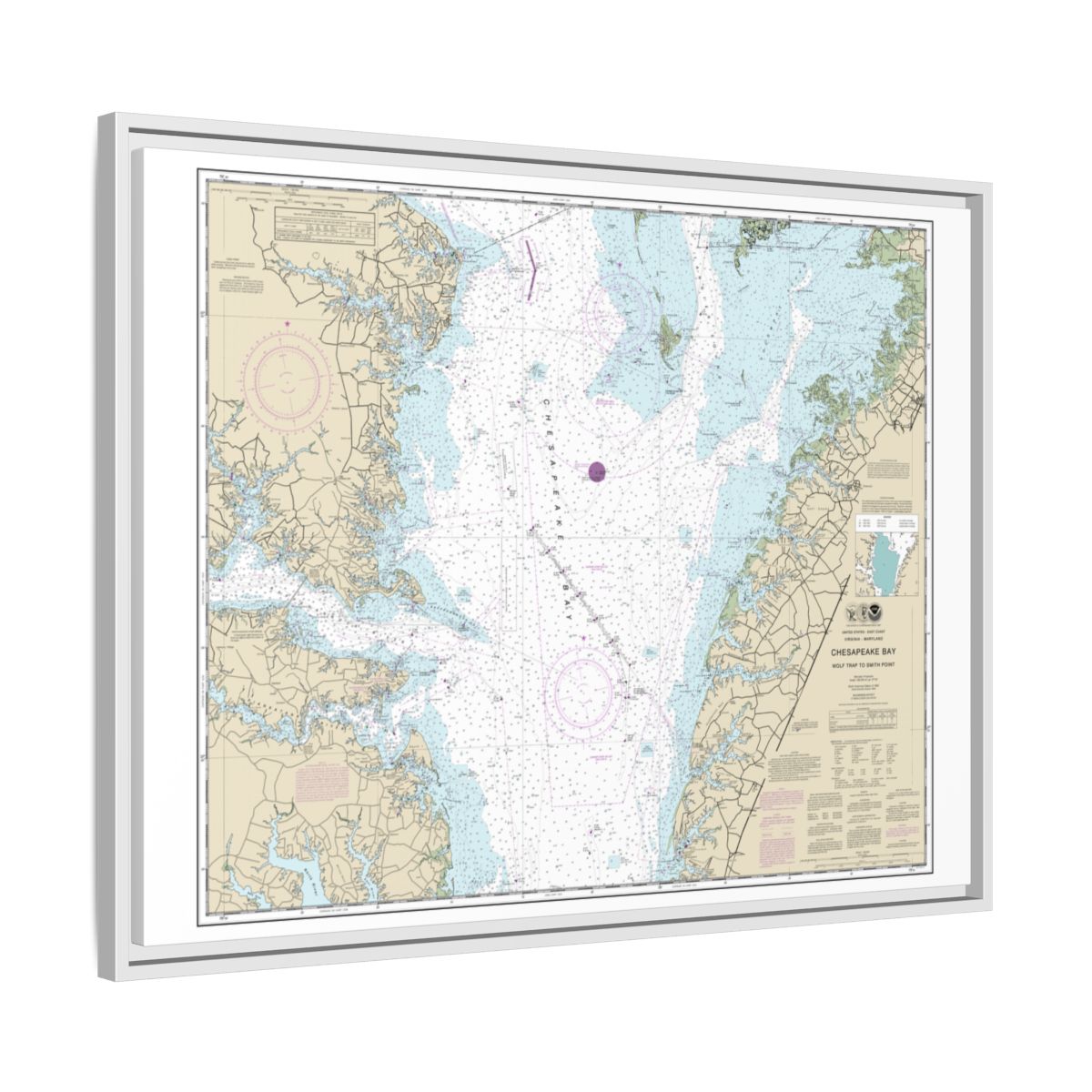 Chart 12225 Chesapeake Bay Wolf Trap to Smith Point - NOAA Nautical Chart Floating Frame Canvas | 32" x 24" | 40" x 30" - White side