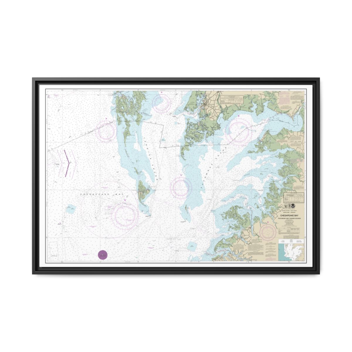 Chart 12228 Chesapeake Bay Pocomoke and Tangier Sounds - NOAA Nautical Chart Floating Frame Canvas | 30" x 20" | 36" x 24" | 48" x 32" - Black front