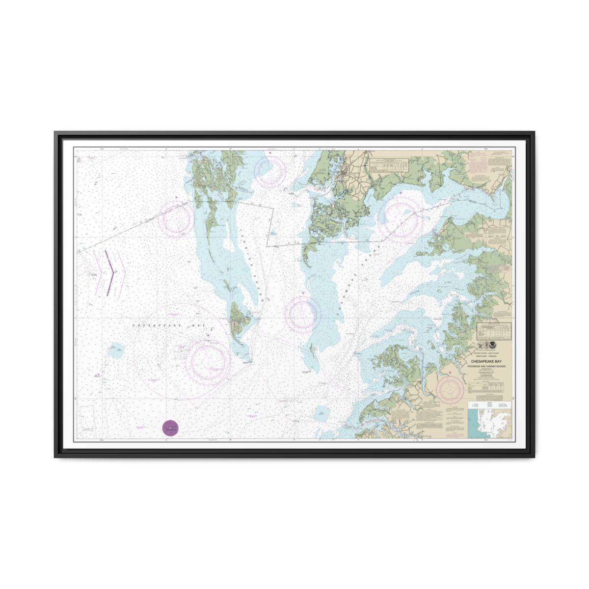 Chart 12228 Chesapeake Bay Pocomoke and Tangier Sounds - NOAA Nautical Chart Floating Frame Canvas | 30" x 20" | 36" x 24" | 48" x 32" - Black front