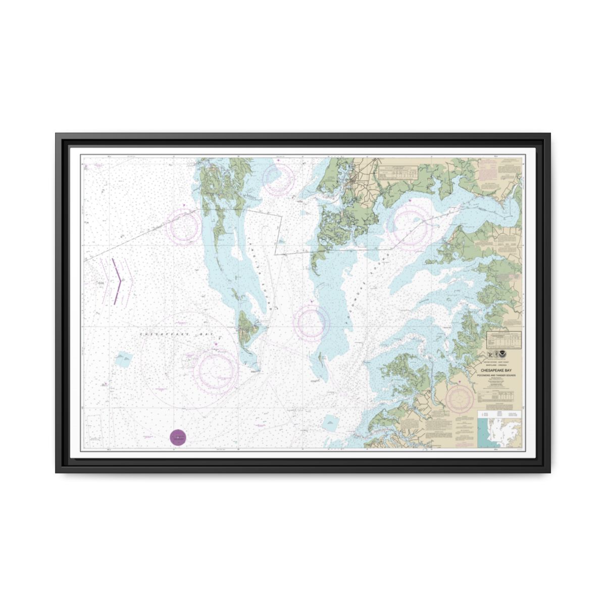 Chart 12228 Chesapeake Bay Pocomoke and Tangier Sounds - NOAA Nautical Chart Floating Frame Canvas | 30" x 20" | 36" x 24" | 48" x 32" - Black front