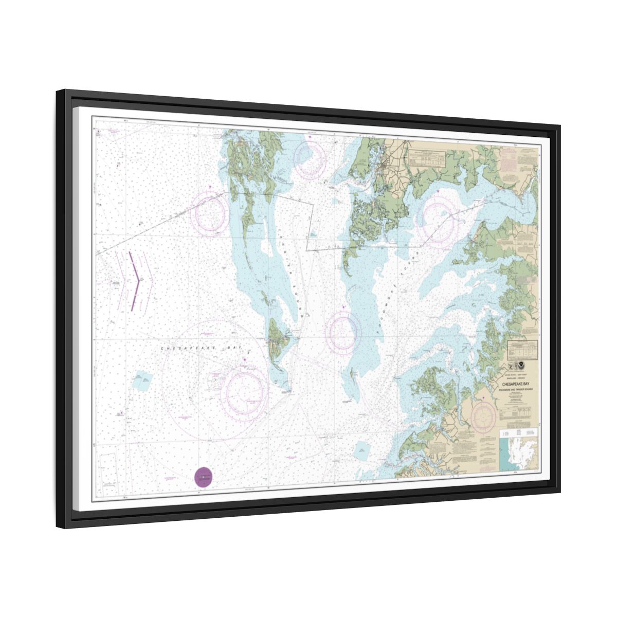 Chart 12228 Chesapeake Bay Pocomoke and Tangier Sounds - NOAA Nautical Chart Floating Frame Canvas | 30" x 20" | 36" x 24" | 48" x 32" - Black side