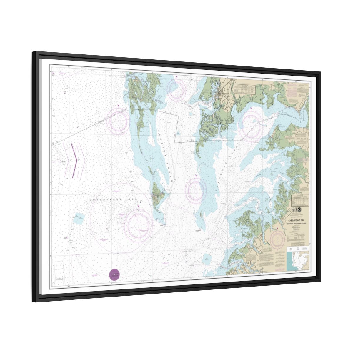 Chart 12228 Chesapeake Bay Pocomoke and Tangier Sounds - NOAA Nautical Chart Floating Frame Canvas | 30" x 20" | 36" x 24" | 48" x 32" - Black side