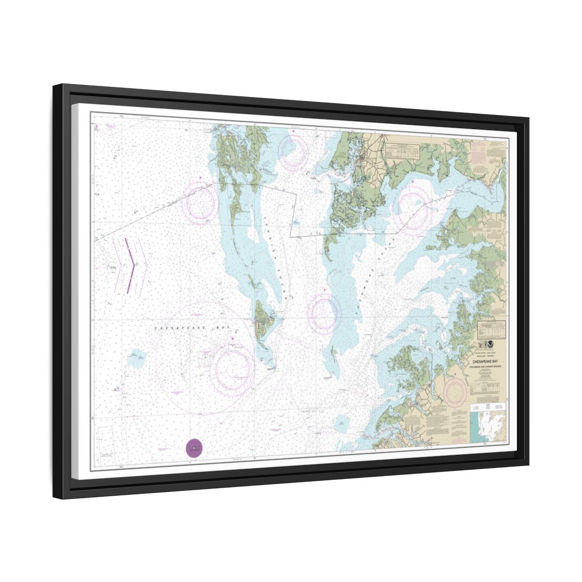 Chart 12228 Chesapeake Bay Pocomoke and Tangier Sounds - NOAA Nautical Chart Floating Frame Canvas | 30" x 20" | 36" x 24" | 48" x 32" - Black side