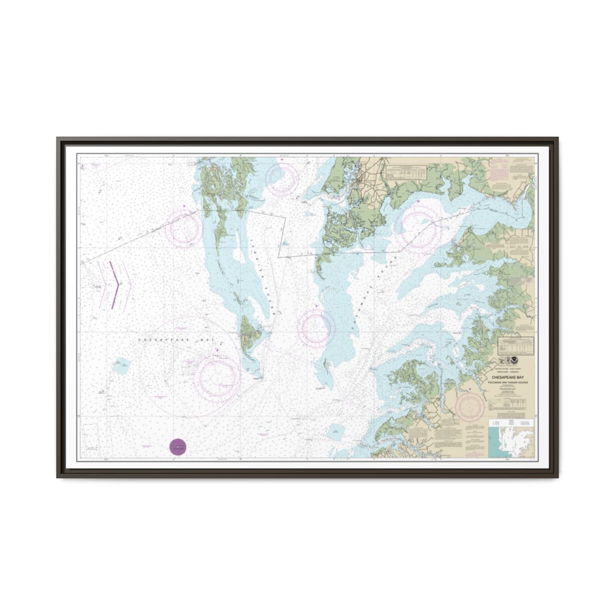 Chart 12228 Chesapeake Bay Pocomoke and Tangier Sounds - NOAA Nautical Chart Floating Frame Canvas | 30" x 20" | 36" x 24" | 48" x 32" - Espresso front