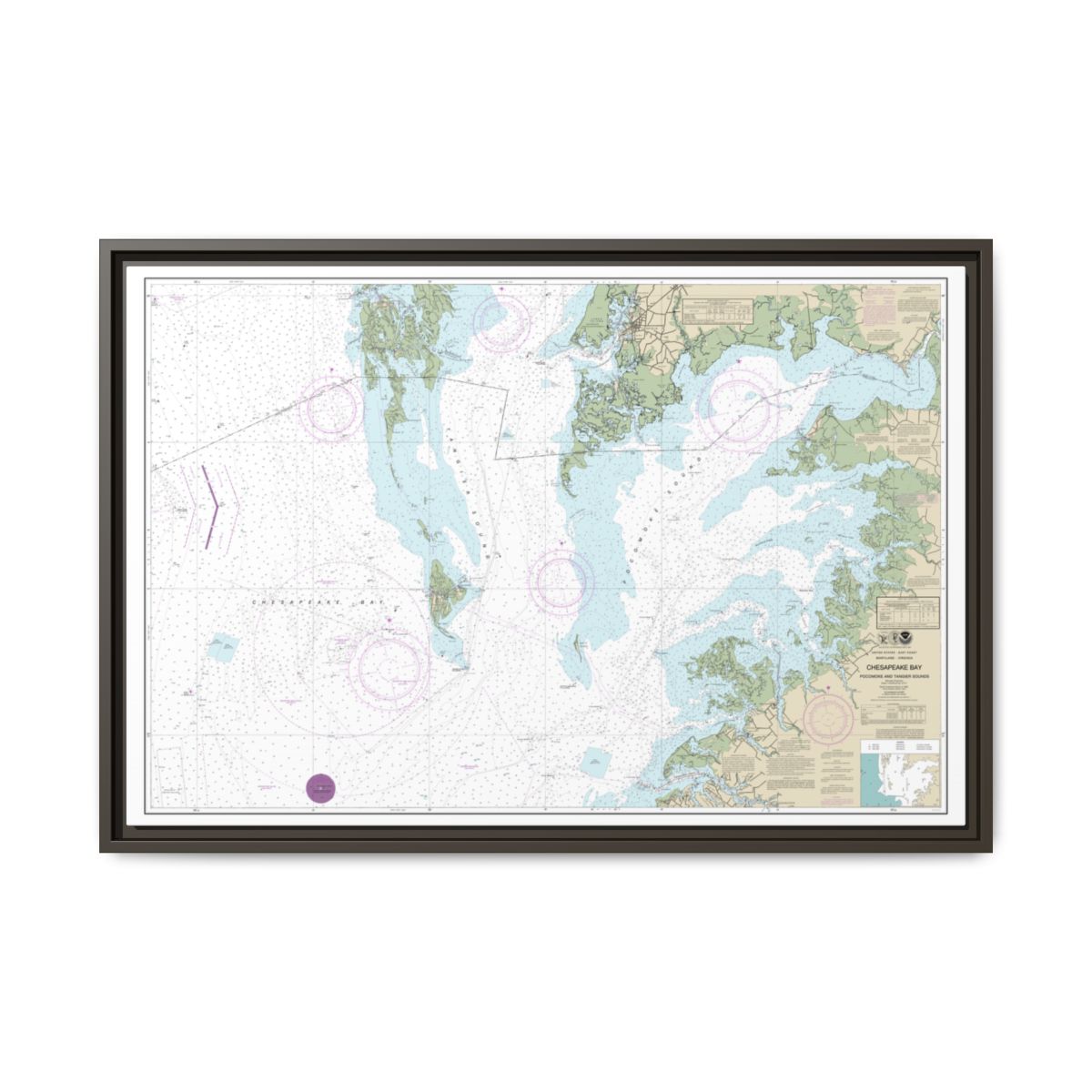 Chart 12228 Chesapeake Bay Pocomoke and Tangier Sounds - NOAA Nautical Chart Floating Frame Canvas | 30" x 20" | 36" x 24" | 48" x 32" - Espresso front