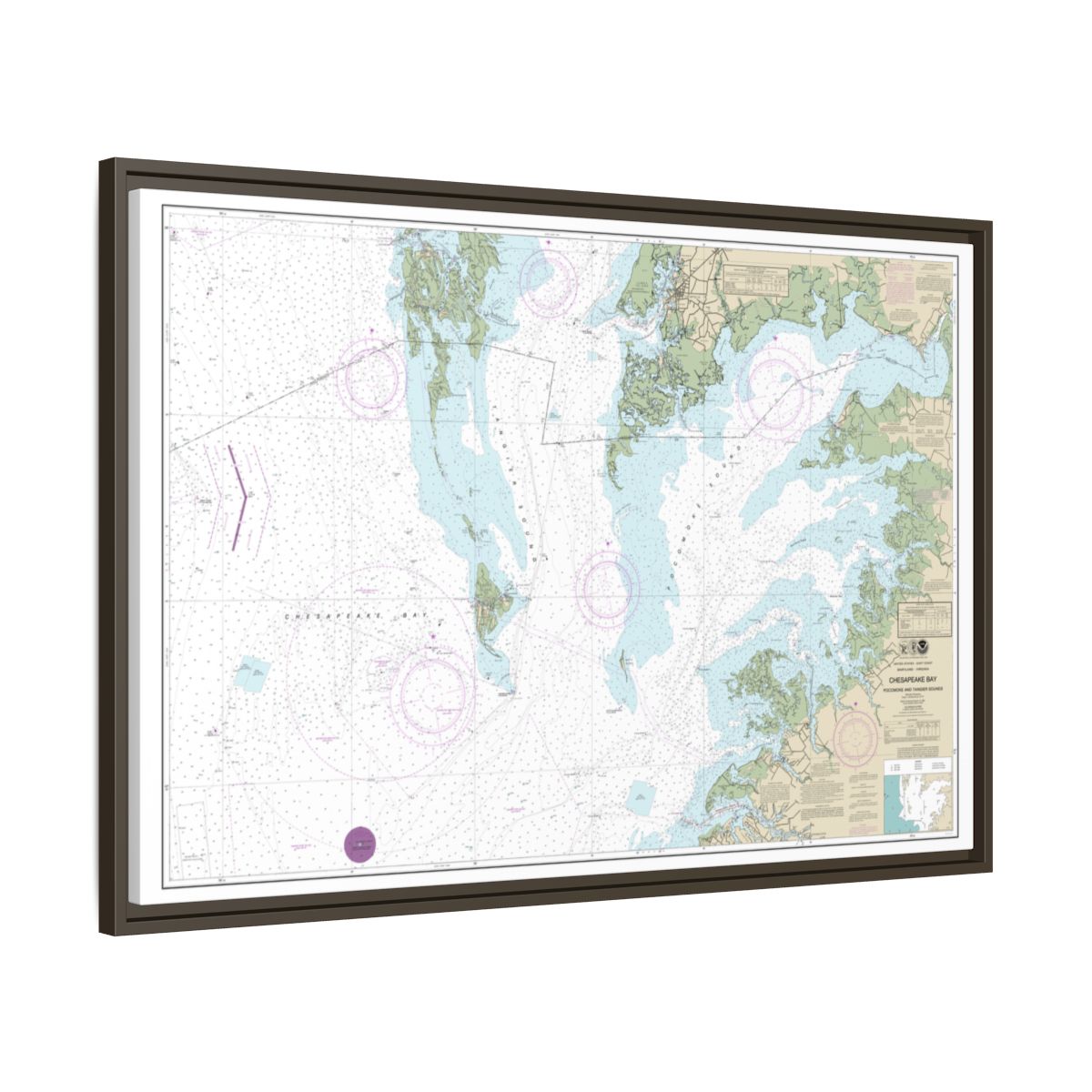 Chart 12228 Chesapeake Bay Pocomoke and Tangier Sounds - NOAA Nautical Chart Floating Frame Canvas | 30" x 20" | 36" x 24" | 48" x 32" - Espresso side