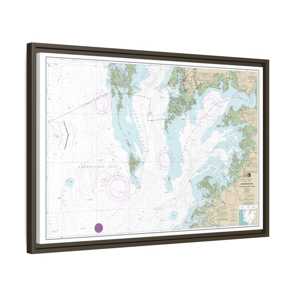 Chart 12228 Chesapeake Bay Pocomoke and Tangier Sounds - NOAA Nautical Chart Floating Frame Canvas | 30" x 20" | 36" x 24" | 48" x 32" - Espresso side