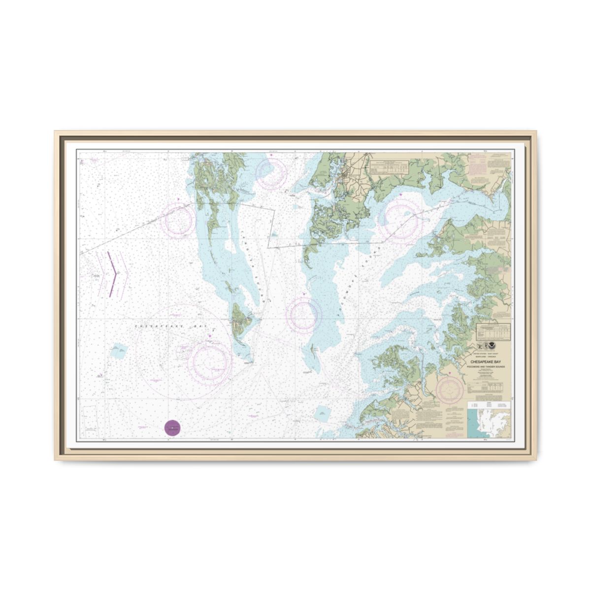 Chart 12228 Chesapeake Bay Pocomoke and Tangier Sounds - NOAA Nautical Chart Floating Frame Canvas | 30" x 20" | 36" x 24" | 48" x 32" - Natural front