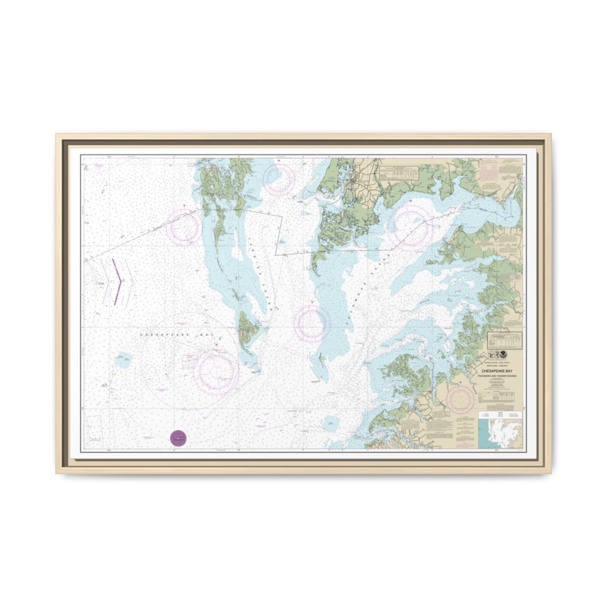Chart 12228 Chesapeake Bay Pocomoke and Tangier Sounds - NOAA Nautical Chart Floating Frame Canvas | 30" x 20" | 36" x 24" | 48" x 32" - Natural front