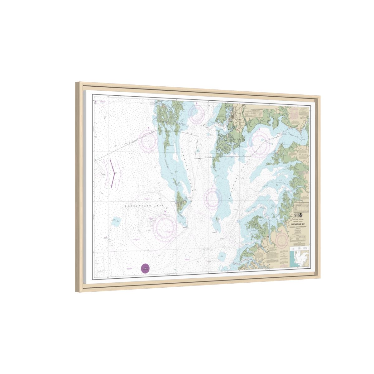 Chart 12228 Chesapeake Bay Pocomoke and Tangier Sounds - NOAA Nautical Chart Floating Frame Canvas | 30" x 20" | 36" x 24" | 48" x 32" - Natural side