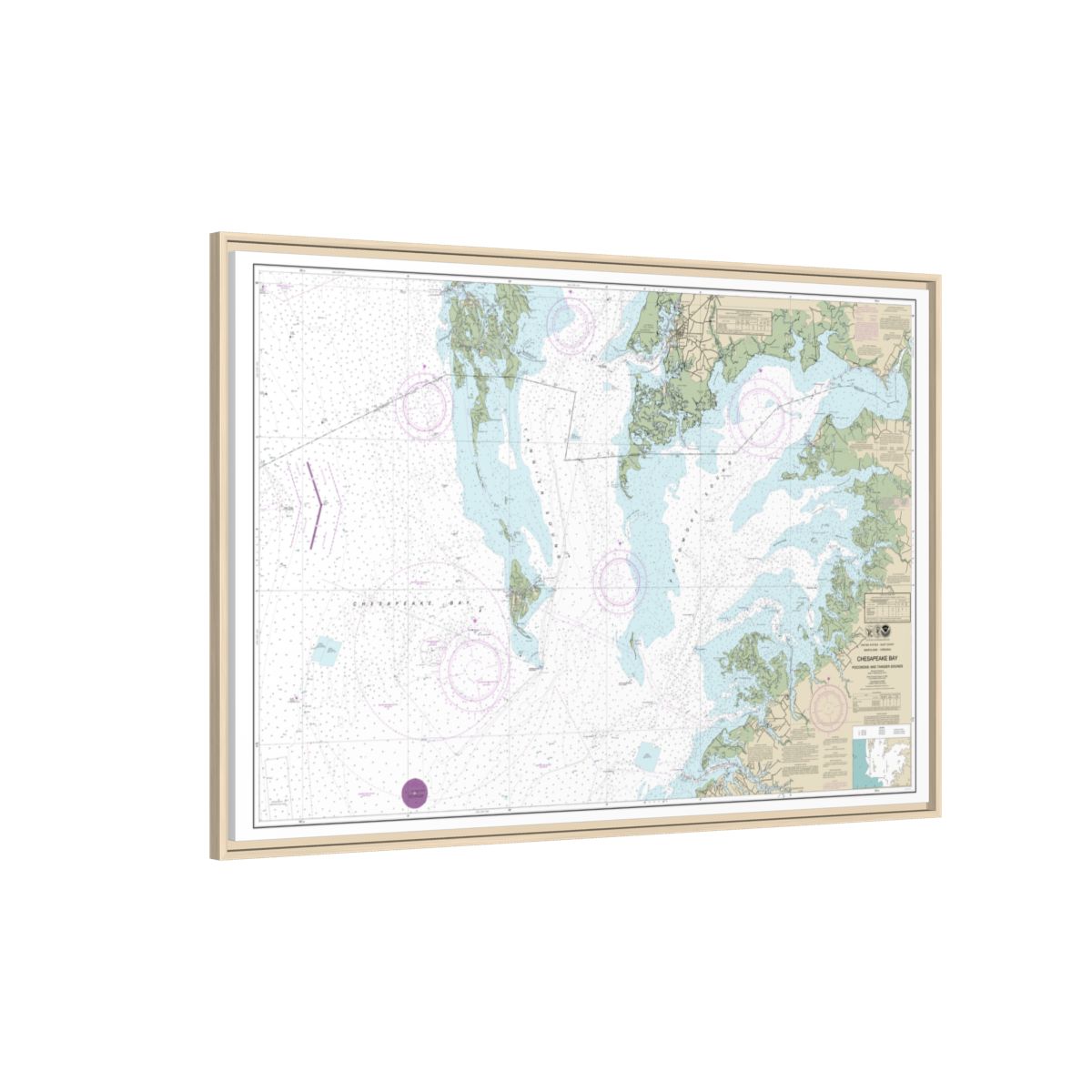 Chart 12228 Chesapeake Bay Pocomoke and Tangier Sounds - NOAA Nautical Chart Floating Frame Canvas | 30" x 20" | 36" x 24" | 48" x 32" - Natural side