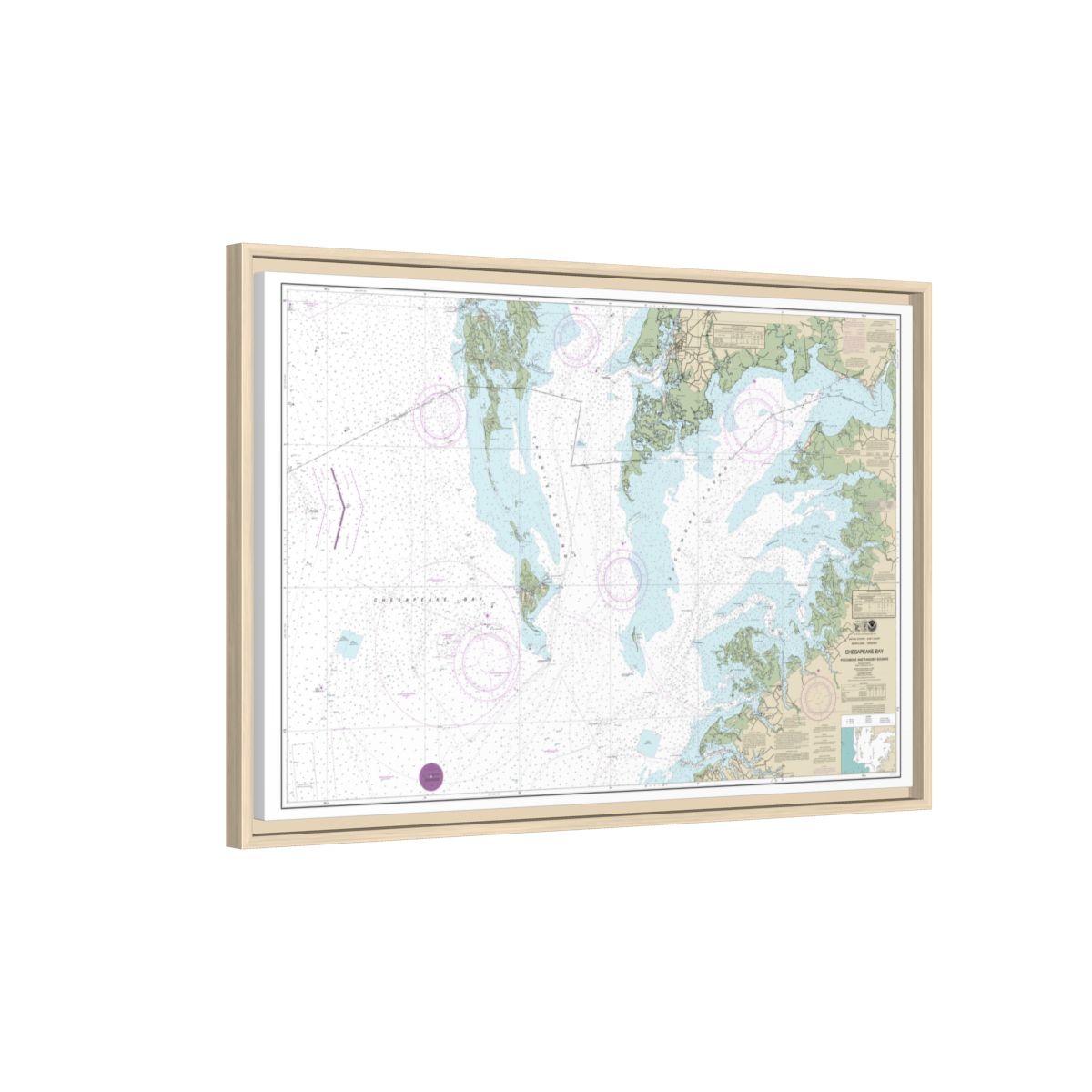 Chart 12228 Chesapeake Bay Pocomoke and Tangier Sounds - NOAA Nautical Chart Floating Frame Canvas | 30" x 20" | 36" x 24" | 48" x 32" - Natural side