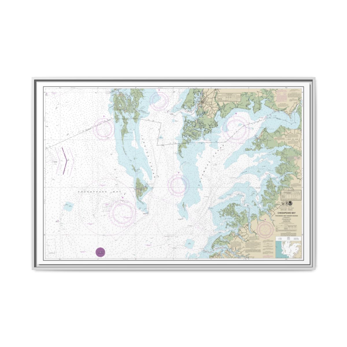 Chart 12228 Chesapeake Bay Pocomoke and Tangier Sounds - NOAA Nautical Chart Floating Frame Canvas | 30" x 20" | 36" x 24" | 48" x 32" - White front