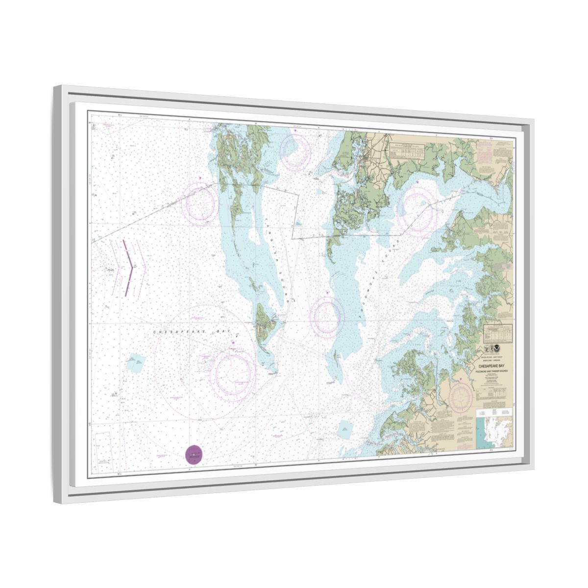 Chart 12228 Chesapeake Bay Pocomoke and Tangier Sounds - NOAA Nautical Chart Floating Frame Canvas | 30" x 20" | 36" x 24" | 48" x 32" - White side