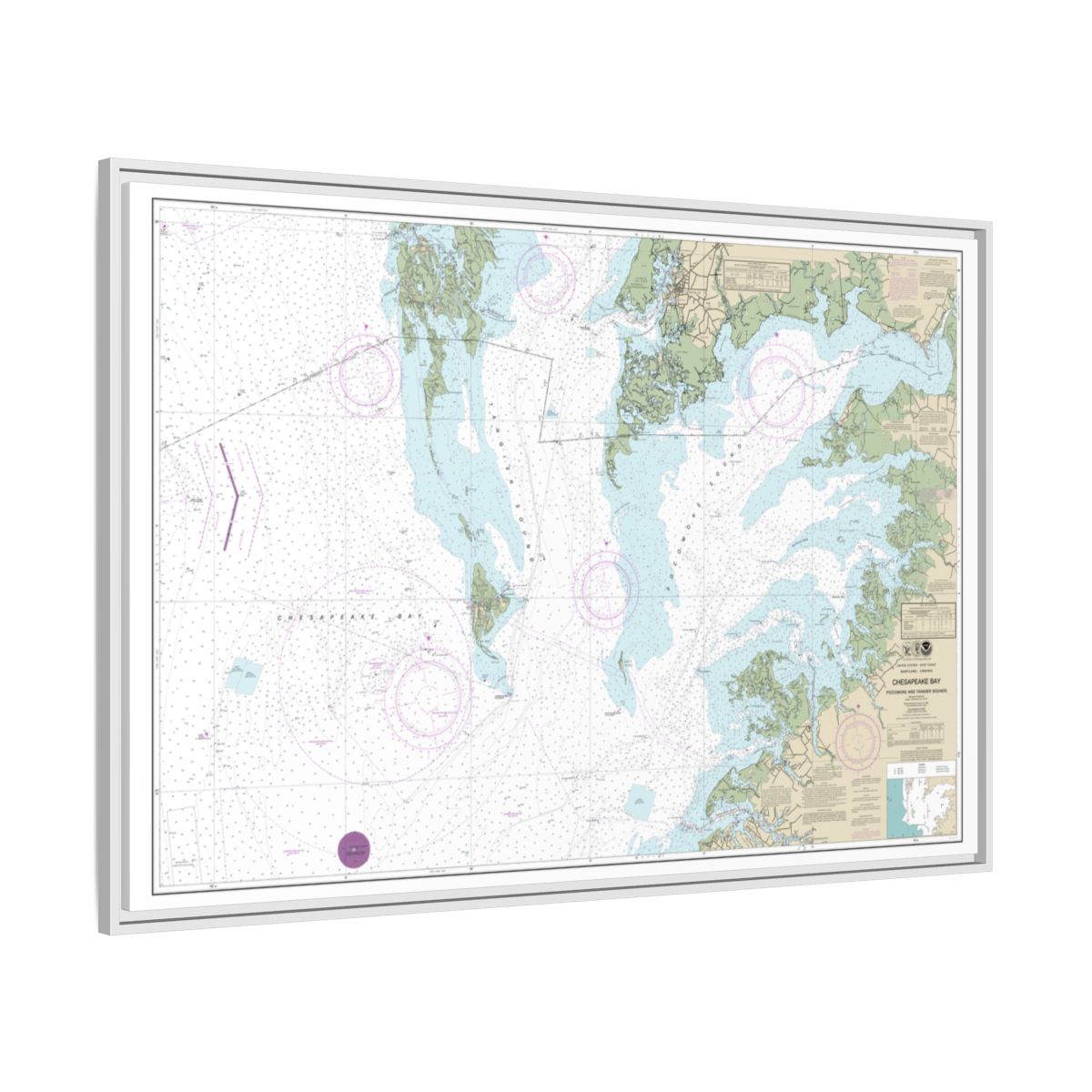 Chart 12228 Chesapeake Bay Pocomoke and Tangier Sounds - NOAA Nautical Chart Floating Frame Canvas | 30" x 20" | 36" x 24" | 48" x 32" - White side