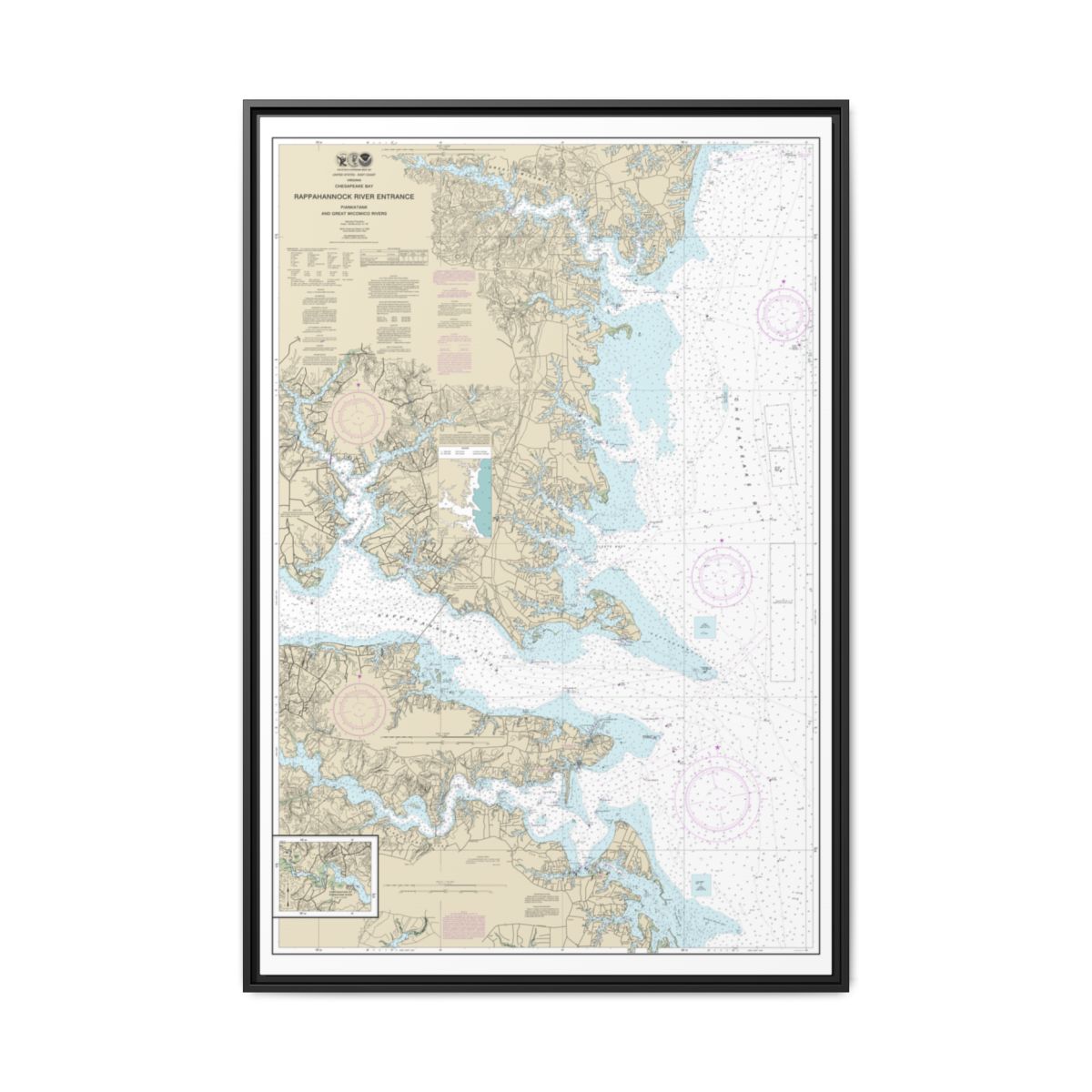 Chart 12235 Chesapeake Bay Rappahannock River Entrance, Piankatank and Great Wicomico Rivers - NOAA Nautical Chart Floating Frame Canvas | 20" x 30" | 24" x 36" | 32" x 48" - Black front