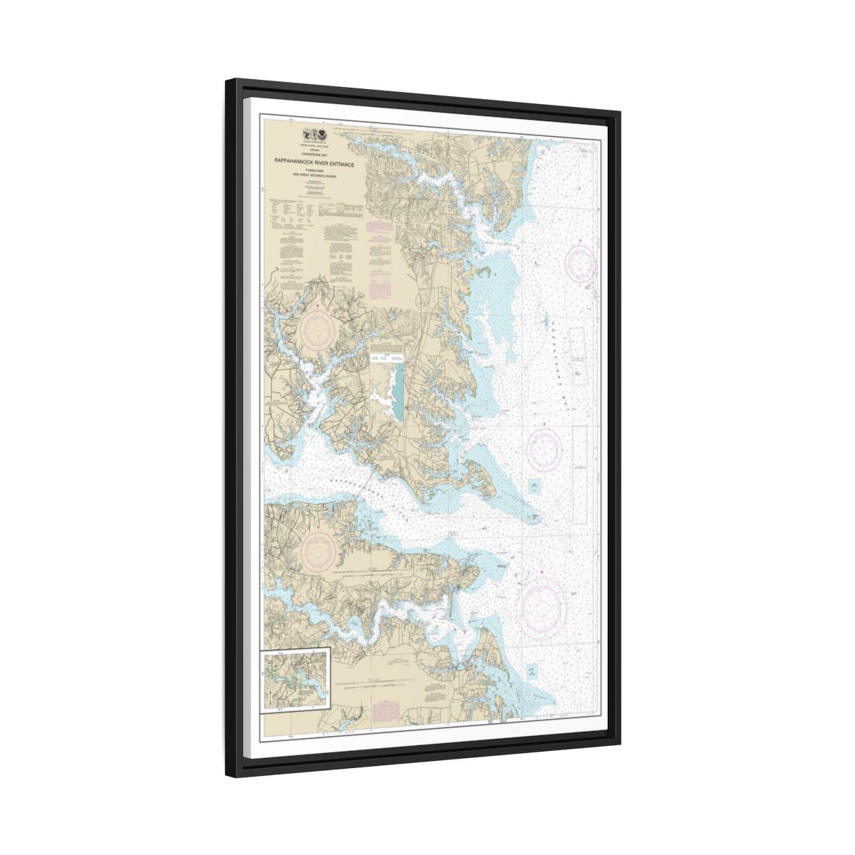 Chart 12235 Chesapeake Bay Rappahannock River Entrance, Piankatank and Great Wicomico Rivers - NOAA Nautical Chart Floating Frame Canvas | 20" x 30" | 24" x 36" | 32" x 48" - Black side