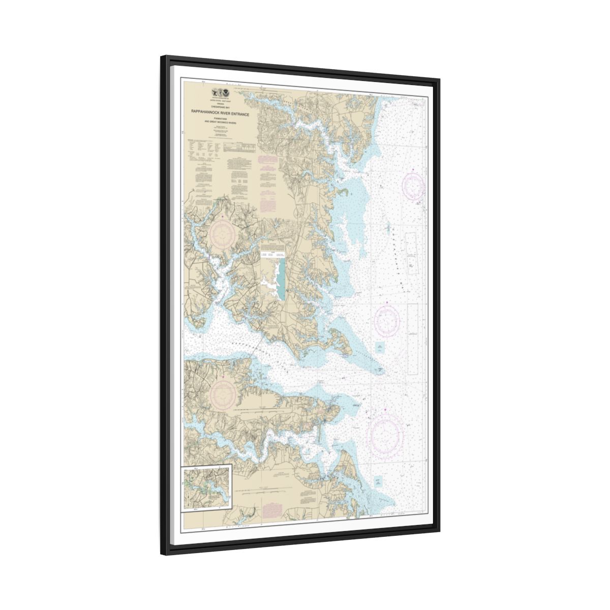 Chart 12235 Chesapeake Bay Rappahannock River Entrance, Piankatank and Great Wicomico Rivers - NOAA Nautical Chart Floating Frame Canvas | 20" x 30" | 24" x 36" | 32" x 48" - Black side