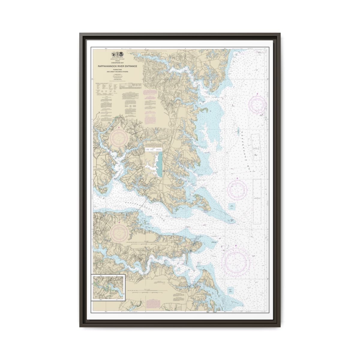 Chart 12235 Chesapeake Bay Rappahannock River Entrance, Piankatank and Great Wicomico Rivers - NOAA Nautical Chart Floating Frame Canvas | 20" x 30" | 24" x 36" | 32" x 48" - Espresso front
